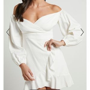 Showpo CANT MOVE ON OFF SHOULDER MINI DRESS IN WHITE LINEN LOOK